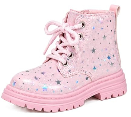 OrJana Stivaletti per Bambina con Stelline Glitter, Suola Antiscivolo, Lacci e Cerniera, Design Casual, Stile Combat (Pink, Regular, Sistema Taglie Calzature EU, Bimbo (0-5 anni), Numero, Media, 23)