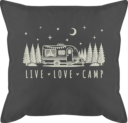 Shirtracer Kissen 50x50 - Camping - Live, Love, Camp - Wohnmobil Camper Ausrüstung - 50 x 50 cm - Grau - Wohnwagen Motiv Campervan Geschenke campingfans mit campen zelten für Motive