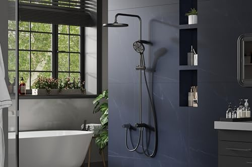 Garvee Système De Douche Avec Pommeau De Douche, Acier Inoxydable, Colonne De Douche Réglable, Douche Effet Pluie Sans Robinet, Avec Tablette, Pommeau De Douche Rond, Chromé 25 Cm