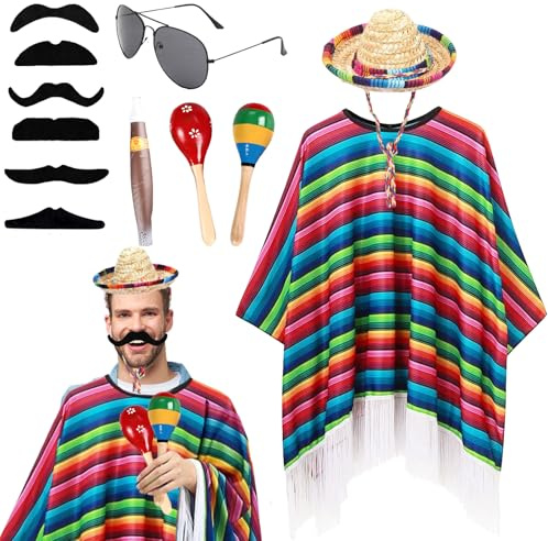 LUKIUP 6 Stück Karneval Mexikanischer Kostüm, Mexikanischer Poncho Sombrero Hüte Herren Damen für Karneval Kostümzubehör Mottoparty