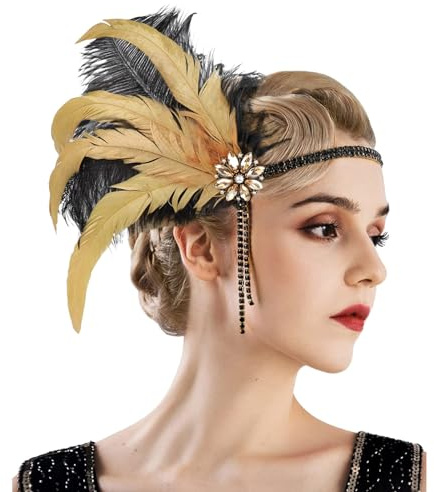 1920er Jahre Feder Stirnband 20er Jahre Accessoires Flapper Haarschmuck 1920s Pailletten Kristall Feder Kopfbedeckung for Frauen Kopfschmuck Karneval Kostüm Accessoires (02-Gold, One Size)
