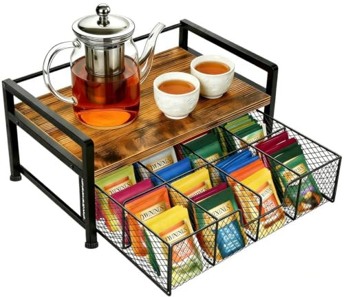 DOUBFIVSY Teebeutel Organizer Schublade, Teebox mit 8 Fächern, Teebeutelhalter aus Holz und Metall, Tee Aufbewahrung für Losen Tee, Teepackungen, Kaffee, Gewürze oder als Geschenkverpackung