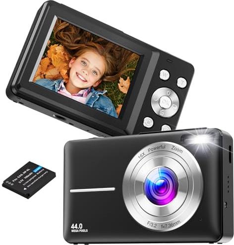 Digital Camera, FHD 1080P 44MP Compact Cameras with 16X Digital Zoom（Black） | Vlogging Camera Rechargeable Portable Mini Cameras with 1 Battery for Teens,Kids,Beginners