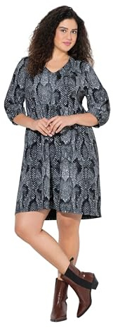 Ulla Popken Damen große Größen Übergrößen Plus Size Jerseykleid, Animaldruck, A-Linie, V-Ausschnitt, 3/4-Arm schwarz 66+ 844945111-66+