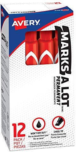 Avery Marks A Lot Permanent Markers, Large Desk-Style Size, Chisel Tip, Water and Wear Resistant, 12 Red Markers (08887)