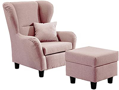 lifestyle4living - Moderner Ohrensessel mit Hocker – Große Auswahl an Stoffen und Farben - Gemütlicher Designer-Sessel im eleganten Landhaus-Stil, Rosa