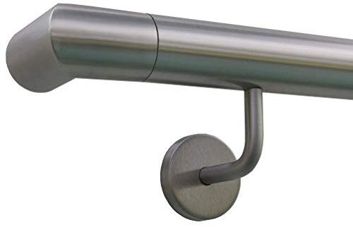 TIBU Handlauf Edelstahl 33,7 mm Geländer 0,3m - 6m, Länge 100 cm, Ende Ecke zur Wand und gewinkelte Halter