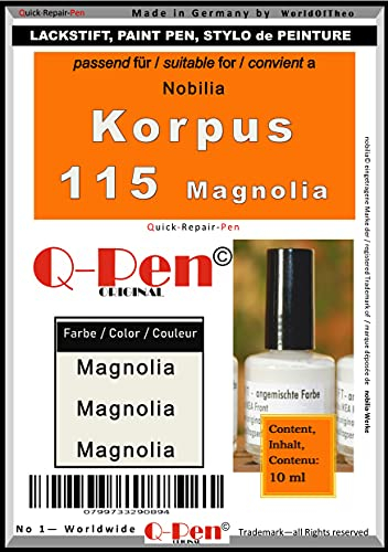 Q-Pen Original Ausbesserungslack für Nobilia Korpus 115 Magnolia Weiße Möbel 10ml Satin-Finish Kratzer-Reparurstift mit integriertem Pinsel für Schränke und Küchenoberflächen