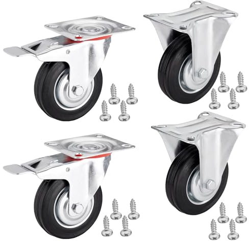 4er SET SOTECH Transportrollen Ø 75 mm (2x Bockrollen, 2x Lenkrollen mit Bremse) Höhe 96 mm, Anschraubplatte 80 x 67 mm Traglast bis 280 Kg Bockrolle