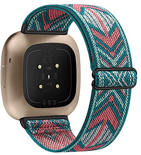Vancle Elastische Armband Kompatibel für Fitbit Versa 3 Armband/Fitbit Sense Armband, Verstellbares Nylon Dehnbar Ersatzarmband für Fitbit Versa 3/Fitbit Sense (Grüner pfeil)