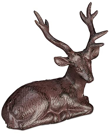 1 x Hirsch Figur, sitzender Deko Hirsch, antik& rustikal, wetterfest, Garten, Balkon, Gusseisen, REH Figur, braun