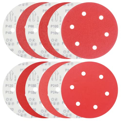 FEIHU 225mm Schleifscheiben 60erPack, 6 Löcher, verschiedene Körnungen 40/60/ 80/120/180/240 (je 10 Stück),9inch Schleifpapier klett für Trockenbau, Langhalsschleifer