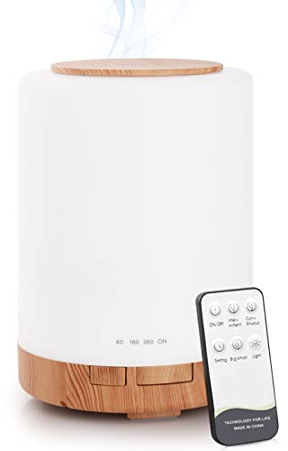 WD&CD Essential Oil Diffusers, 300ML Ultrasonic Aroma Diffuser Humidifier Cool Mist with Remote Control, Waterless Auto-off, 7 Colors, 3 Timer Setting (Light Wood Grain)