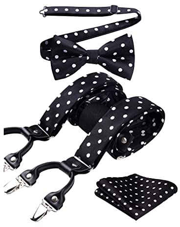 HISDERN Hosenträger Schwarz Fliege Hosenträger und Einstecktuch Herren Set Punktmuster Klassische Verstellbar Y Form Elastisch Mit 6 Extra Stark Clips Hochzeit Braces