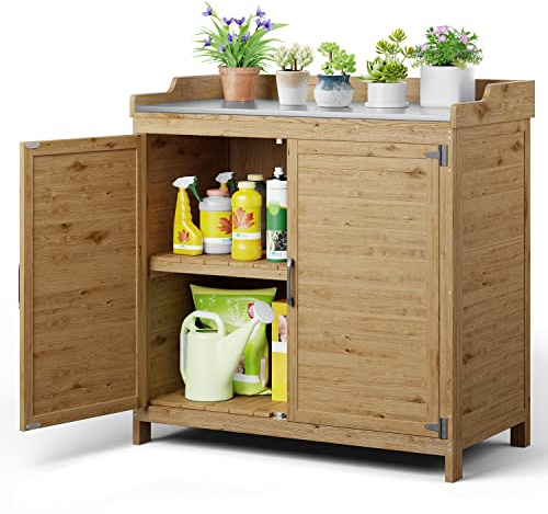 Gizoon Banco para macetas al aire libre con mesa de metal, armario de almacenamiento de madera con estante ajustable, banco de trabajo de jardín de doble puerta para patio trasero, patio, césped,