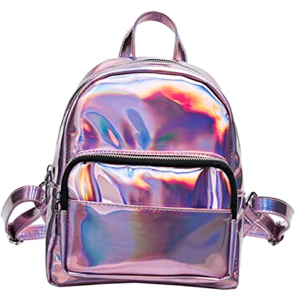 COLLBATH Holografischer Kleiner Schulrucksack Aus Pu Material Verstellbare Schultergurte Rosa Geräumige Umhängetasche Für Mädchen