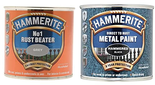 Hammerite 5158238 250ml Number 1 Rust Beater - Grey & Direct to Rust Metal Paint - Hammered Black Finish 250ML