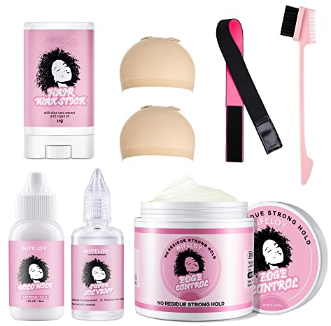 8 Stück Perückenzubehör Essentials Kit, mit Perücken Kleber, Wig Kleber Remover, Rand Kontrolle Gel, Modellierung Haarwachs Stick, Elastisches Band, Haarnetz Perücke Kappen, Doppelkanten Bürste Kämm