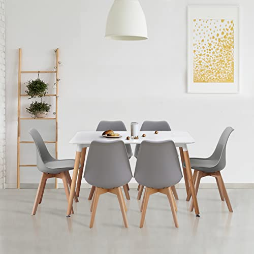 Homcasa White Dining Table and Chairs Set 6,120cm Rectangular Kitchen Table Modern PU Padded Seat Dining Chairs with Wood Legs, Contemporary Compact Dining Room Set (Grey)