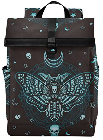Roll Top Travel Backpack Womens Mens, Lightweight Waterproof Teenager College Laptop Backpack Gothic Skull Butterfly Carry On Casual Daypacks Antitheft Rucksack for School Business Work