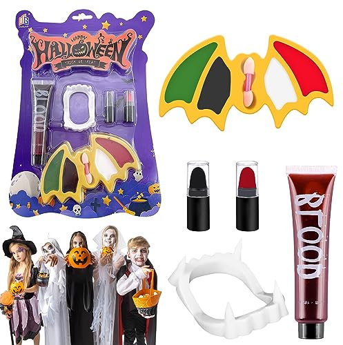 Lets Joy Maquillaje de Halloween Kit, Juego de Maquillaje en Forma de Murciélago, Juego de Maquillaje para Niños, Pintura de Caras para Niños, Dientes de Vampiro, Halloween Regalo