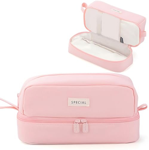 Rosa Mäppchen Federmäppchen mit großer Kapazität, Federtaschen Etui Stifte 2 Fach für Mädchen, Pencil Case Aesthetic für Studentin Erwachsene, Tragbare Stiftetasche Pencil Case für Schule & Büro