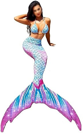 LVTFCO Jupe de sirène Adulte Été Trois pièces Beachwear Queue de poisson Cou suspendu Costume Scène Performance,Blue-XS