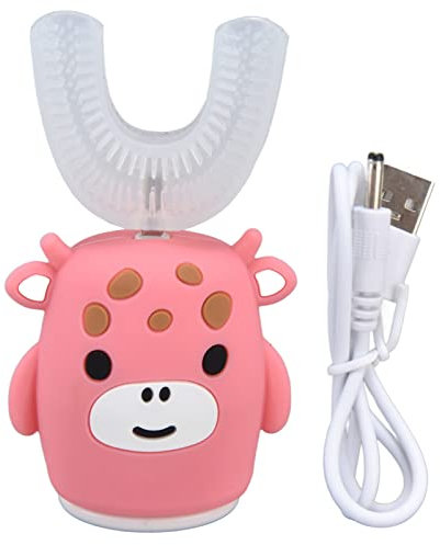 Topyond Cepillos de dientes para niños, cepillo de dientes eléctrico en forma de U, cepillo de dientes de dibujos animados rosa de 360° para lavar toda la boca (tamaño grande)