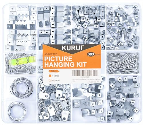 KURUI Kit di 303 ganci assortiti per appendere quadri, kit con ganci da parete resistenti, denti di sega, filo per foto, anelli a D, chiodi per ferramenta, ganci per occhielli, ganci per cornici