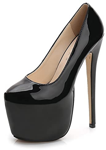 Decolleté sexy da donna, 18 cm, con tacco alto, 8 cm, tinta unita, con tacco alto, in pelle, Nero , 43 EU
