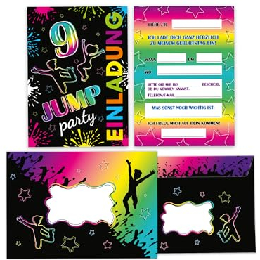 Limonia 12 Einladungskarten inkl. 12 Umschläge zum 9. Geburtstag Jump.Party Trampolin neon Einladung Set Geburtstag Mädchen Kinder Jungs Jungen Boys Teenies