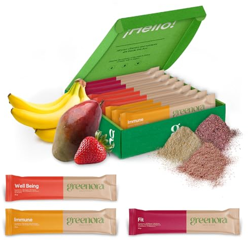 GREENORA Smoothie Bowl Frutta Disidratata Liofilizzata Polvere 100% Naturale. Fragole Lamponi Barbabietola Rossa Mango Mele. Senza Zucchero. 9x24g