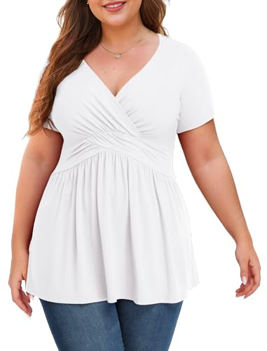 Anelune Plus Size Tops for Women, Short Sleeve Tunic Blouse, White, XL