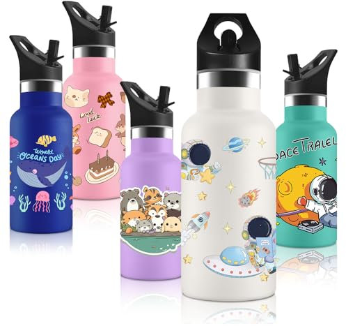 Vikaster Botella agua Acero Inoxidable con Tapa de Popote y asa, Botella Termica 350ml, Sin BPA, Botella Agua Niños Reutilizable, para Adultos, Niños, Escuela, Ciclismo, Gym, Deportiva