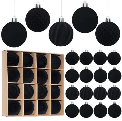 Miaikoe 16 Pcs Velvet Christmas Balls Hanging Ornaments Set, Pre-tied Shatterproof Plastic Flocked Christmas Balls Xmas Decorations Festival Holiday Party Decor (Black,6CM)