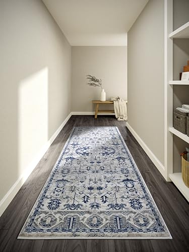 Villeroy & Boch Kurzflor Teppich Emmanuel - Klassischer Wohnzimmerteppich - Traditioneller Teppich für Wohnzimmer, Schlafzimmer, Esszimmer, Flur, Küche – Creme Blau, 80x240cm