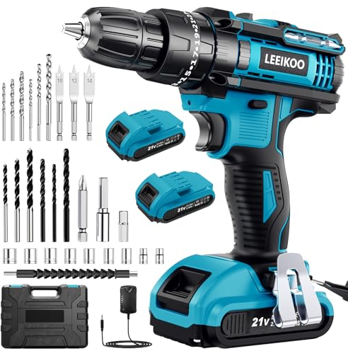 LEEIKOO Trapano Avvitatore Batteria 21V, Avvitatore a Batteria con 2 Batteries 2.0Ah, 42N.m Avvitatore Elettrico, 25+3 Coppie, 2 Velocità, LED Luce, 30PCS Accessori per Casa Progetto, Fai da te