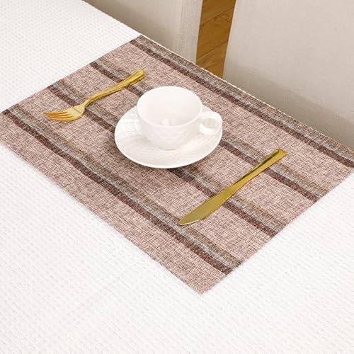Epinki 6er Set Tischsets Platzsets Boho Quadratisch 32x45CM, Polyester Platzdeckchen Weihnachten Deko Falsche Leinen Streifen Hitzebeständige, Tischmatte Weihnachten Hell Kaffee für Küche