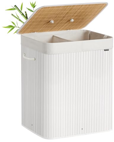 SONGMICS Wäschekorb mit Deckel, 2 Fächer, 120 Liter, Wäschesammler aus Bambus, faltbar, Wäschesack herausnehmbar und maschinenwaschbar, mit Griffen, für Waschküche, Schlafzimmer, weiß LCB014W01