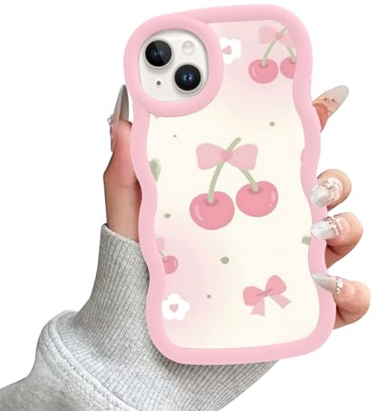 Zrutru Pink Cherry Bow Wavy Frame Phone Case for iPhone 14/iPhone 13 Girly Design Aesthetic Cherry Pattern Wave Bumper Case for Girls Women,Protective Funda for iPhone 14 6.1 Inch