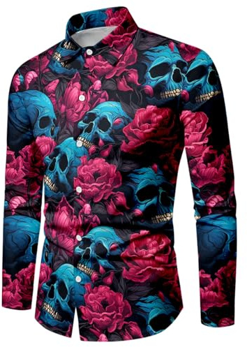 WAZHAKU Karneval Kostüm Herren Casual Hemd Totenkopf Rose 3D Gedruckt Langarm Hemden Button Down Hawaiian Vintage mit Stehkragen Lose Strand Hemd Freizeithemd Hawaii Hemd Muster Langarmhemd