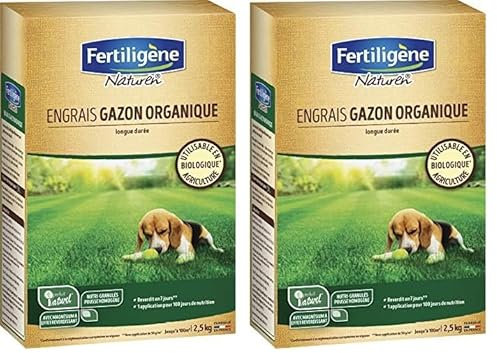 Fertiligène Engrais Gazon Organique 2,5 kg - Reverdit en 7 jours - 100 jours de nutrition - Limite les risques de lessivage - Pour 100m² (Lot de 2)