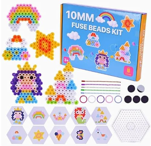 Zeawavsl Große Bügelperlen 10MM, 1000 Stück XL Steckperlen mit Platten Dino Set für Kinder ab 3 Jahren, 10 Muster und 3 Bügelpapier, Kreatives Perlenset