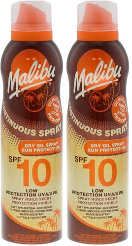 Malibu Sun SPF 10 Continuous Dry Oil Spray for Tanning with Shea Butter Extract, Low Protection, Water Resistant, 175ml (Pack of 2)