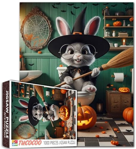 Halloween Bunny Puzzles for Adults 1000 Pieces Witch Hat Rabbit on Toilet for Family Activity Games Broom and Pumpkins Art for Home Wall Decoration Game Nights Gift