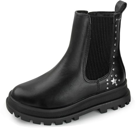 Discoball Girls Boots Kids Ankle Shoe Black Chelsea Boot Round Toe Winter Snow Shoes with Side Zipper for Girl