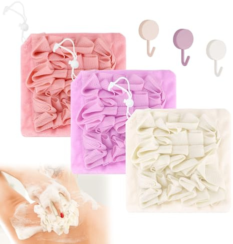 Fatiya Lot de 3 gants de toilette 2 en 1 en luffa lavables avec cordon de serrage et crochet, éponge de douche pour le corps pour homme et femme, exfoliant pour la peau lisse