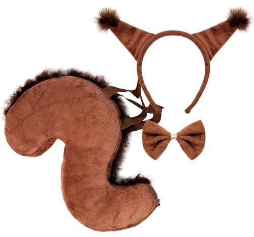 AgagaQx Eichhörnchen Kostüm Braun, Tierkostüm Niedlich, Dschungel Kostüm Set mit Eichhörnchen Ohren Fliege Schwanz, Kostüm Eichhörnchen Flauschig, Tierkostüme für Erwachsene Karneval Fasching Event