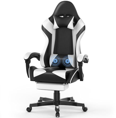 Soontrans Sedia Gaming Massaggiante, Sedia da Gaming Ergonomica con Tappetino per il Mouse, Poggiatesta, Poggiapiedi, Pelle Sintetica, Regolabile in Altezza, Braccioli Imbottiti (Bianco e nero)