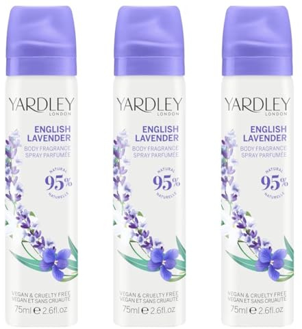 Yardley London English Lavender Body Spray, Floral Body Spray for Women with Notes of Geranuim and Jasmine, Lavender Body Mist for Women 3 x 75ml